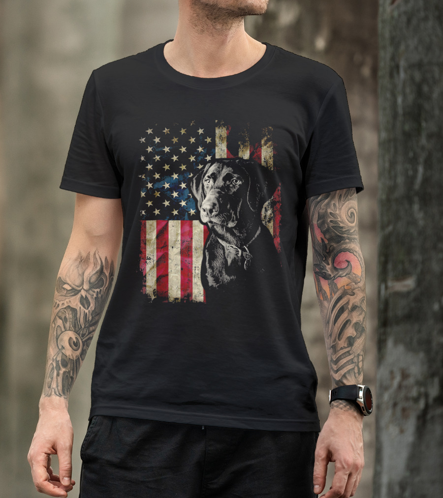 Patriotic Labrador Retriever With American Flag Background T-Shirt