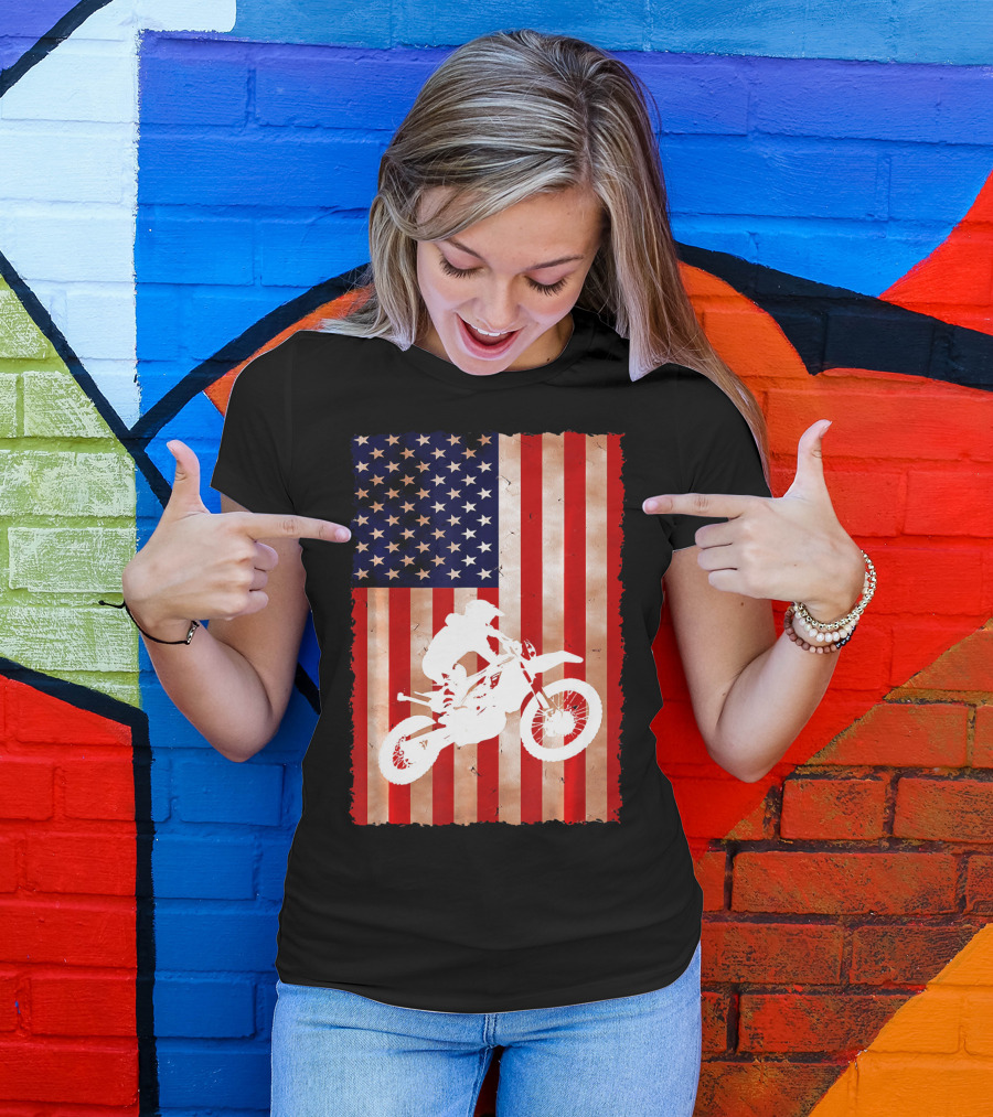Dirt Bike Motocross American Flag Patriotic Ride USA T-Shirt