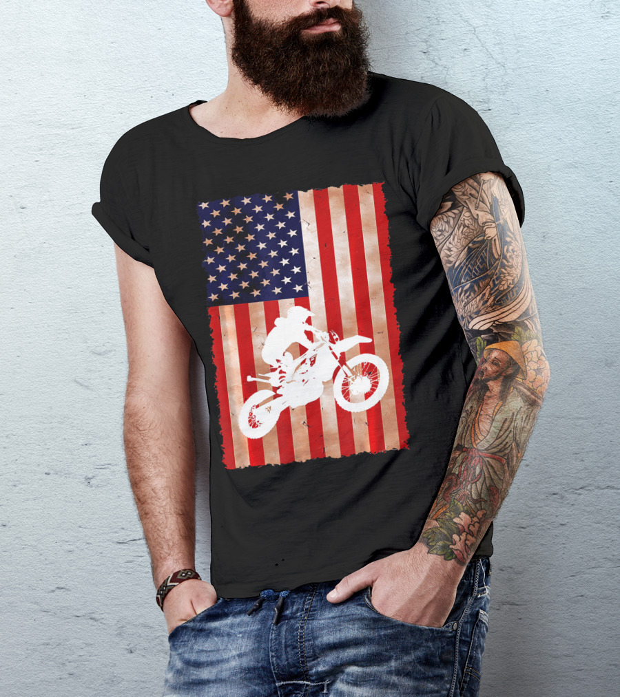 Dirt Bike Motocross American Flag Patriotic Ride USA T-Shirt