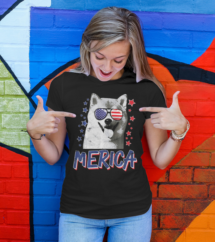 Merica Shiba Inu Dog Patriotic USA Stars And Stripes Sunglasses T-Shirt