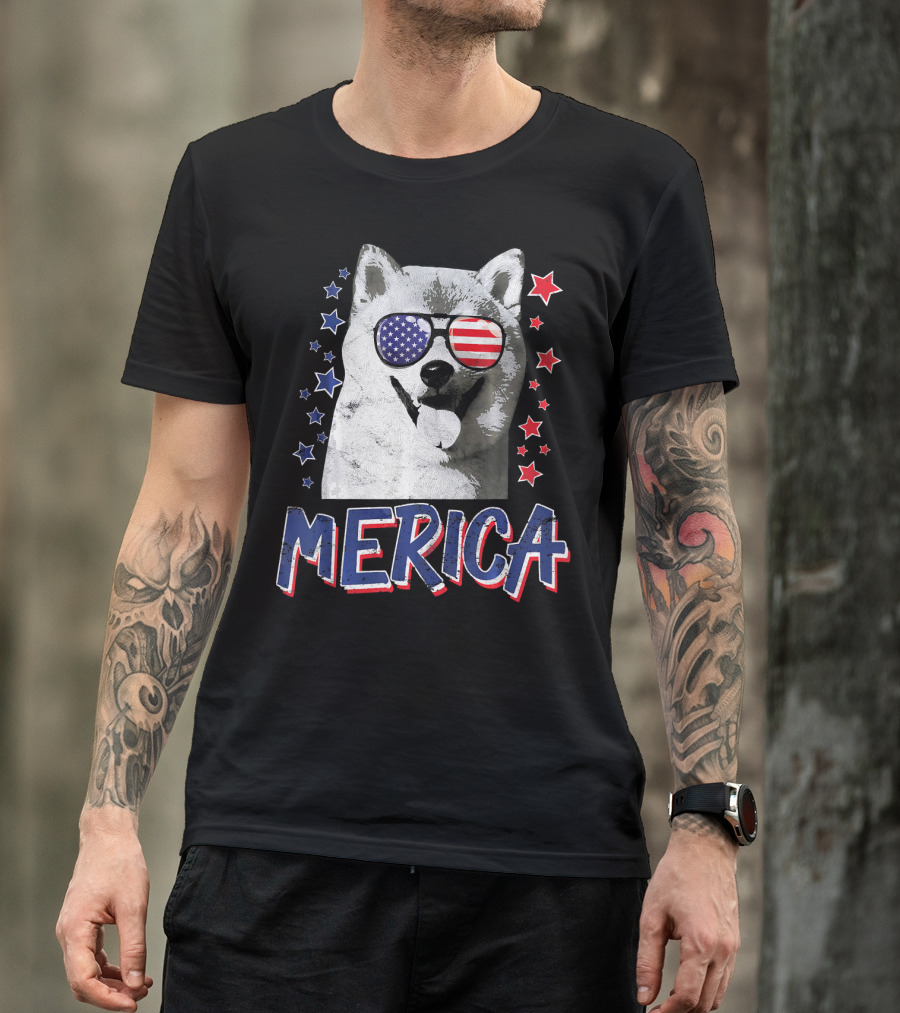 Merica Shiba Inu Dog Patriotic USA Stars And Stripes Sunglasses T-Shirt