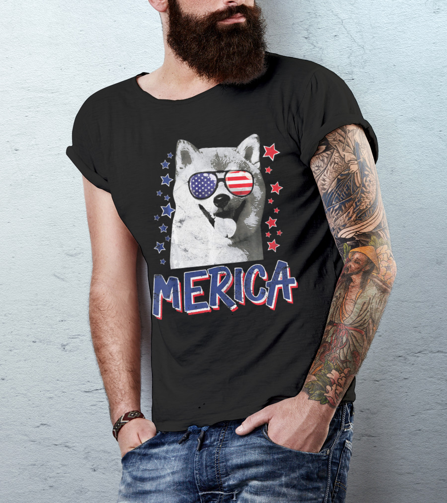 Merica Shiba Inu Dog Patriotic USA Stars And Stripes Sunglasses T-Shirt