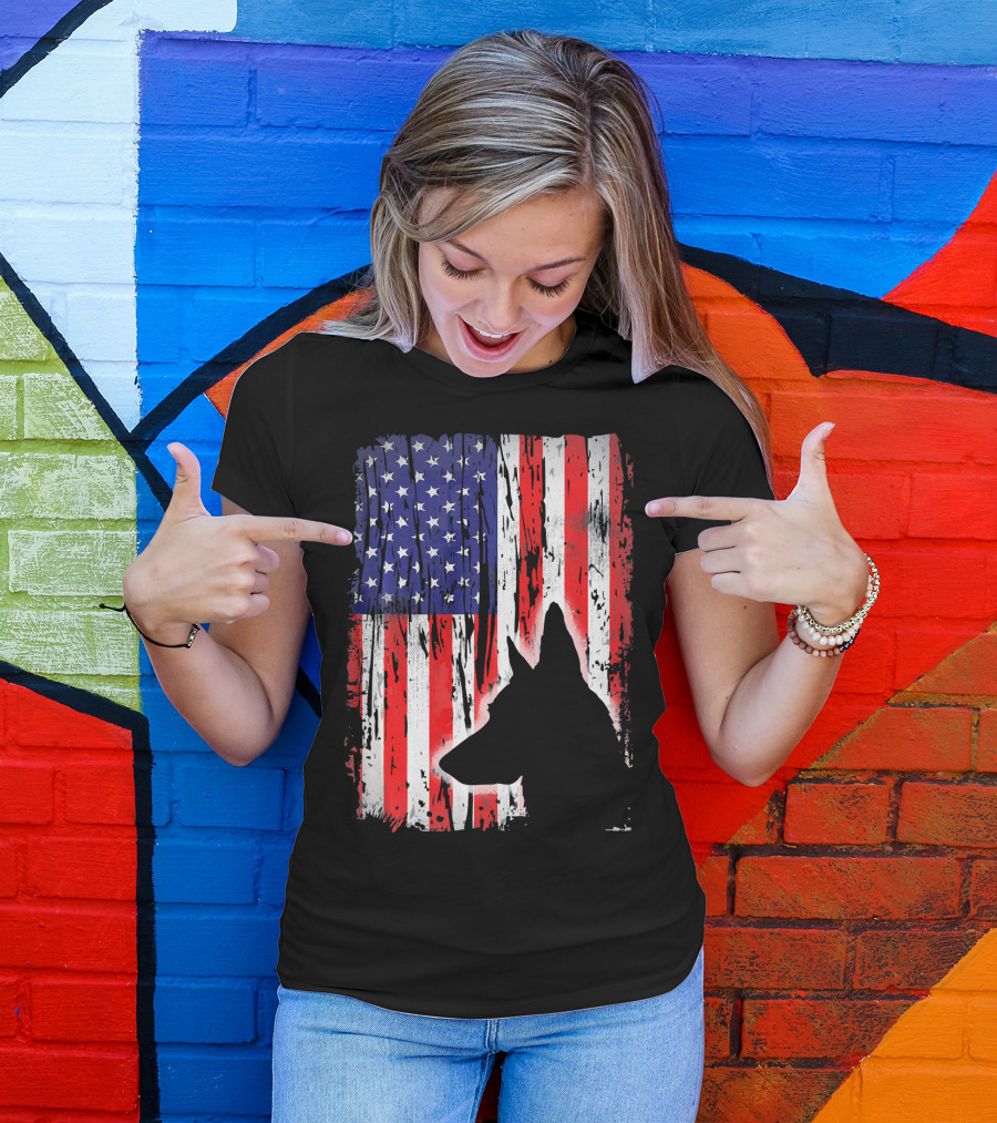Belgian Malinois Silhouette Rustic American Flag USA T-Shirt