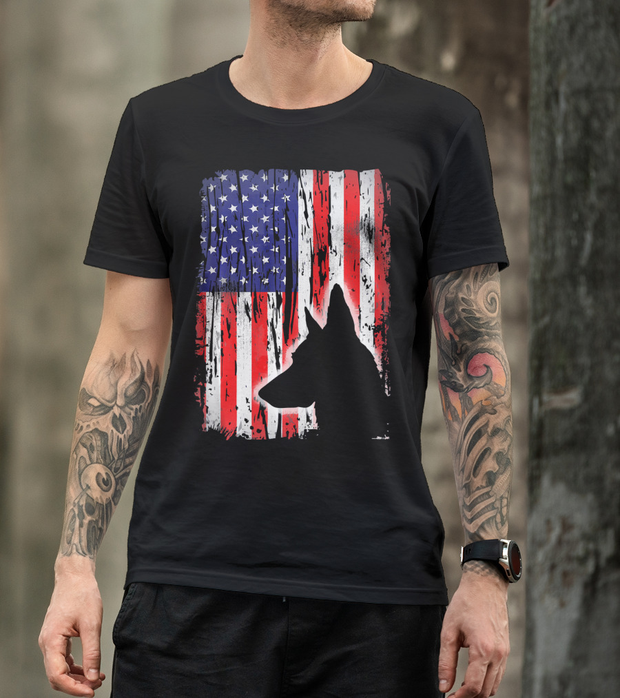 Belgian Malinois Silhouette Rustic American Flag USA T-Shirt