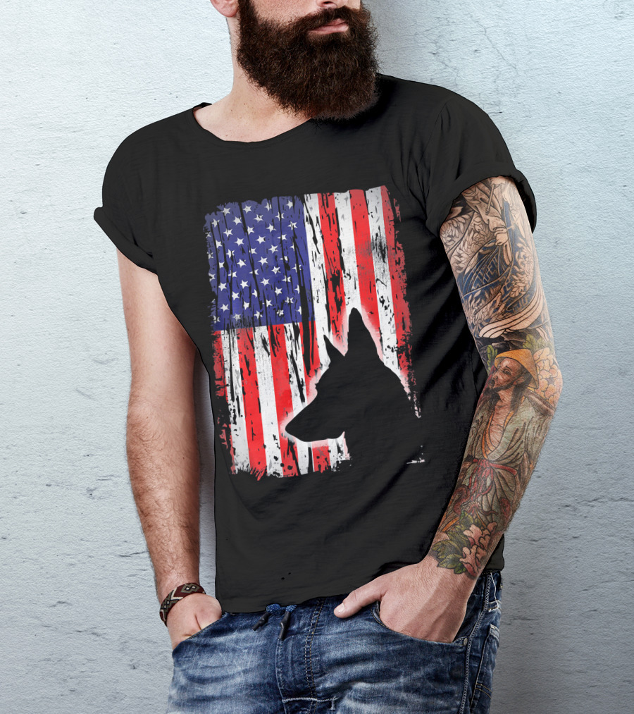 Belgian Malinois Silhouette Rustic American Flag USA T-Shirt