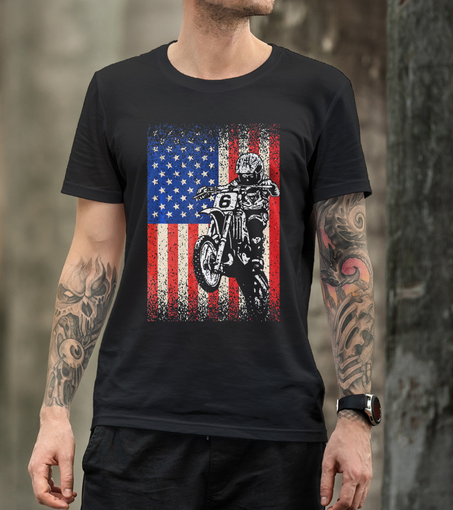 Dirt Bike American Flag Motocross Biker Number 6 T-Shirt
