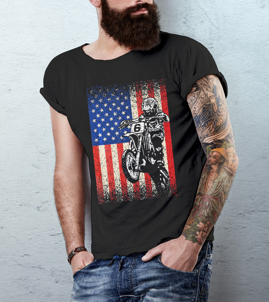 Dirt Bike American Flag Motocross Biker Number 6 T-Shirt