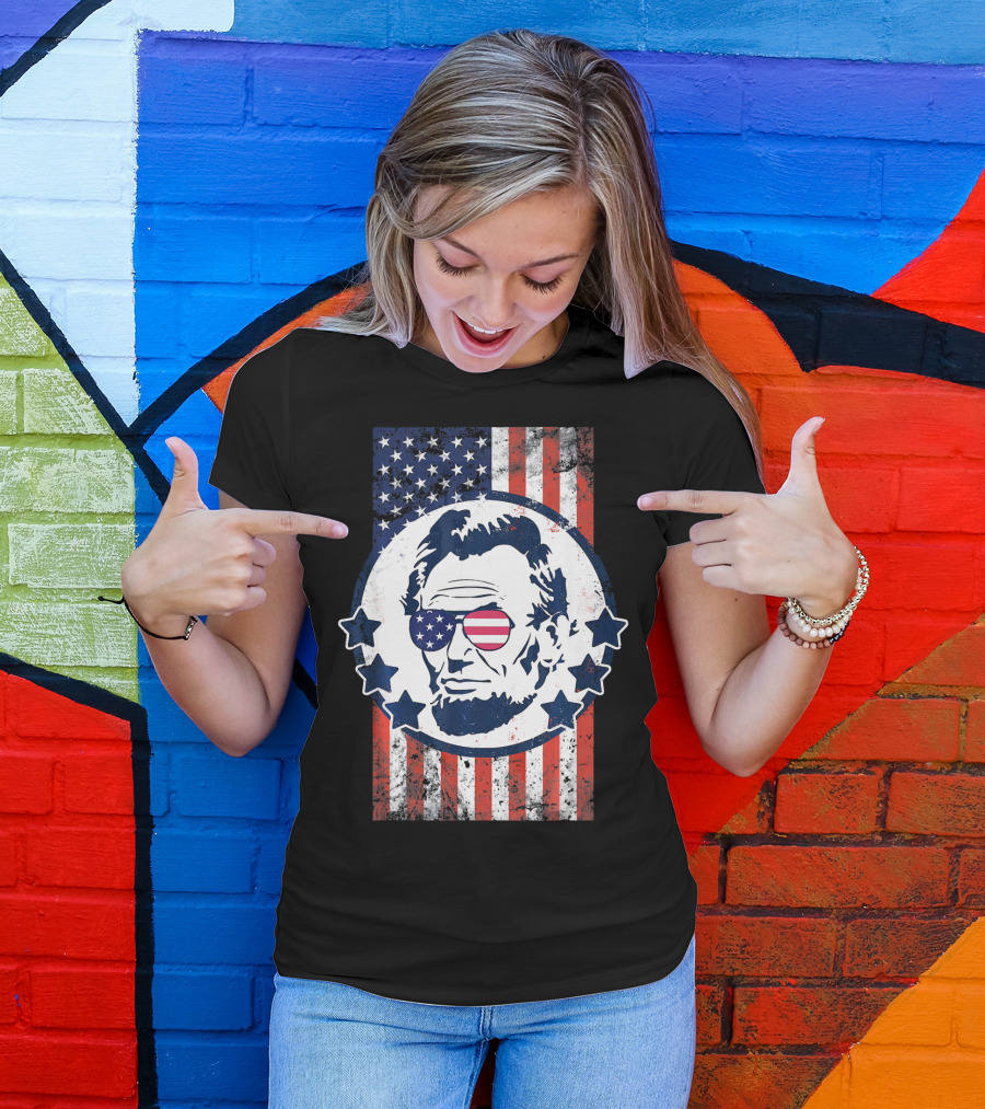 Abraham Lincoln American Flag Sunglasses 4th Of July T-Shirt