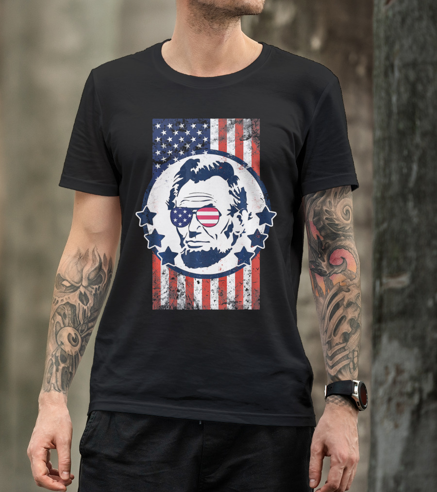 Abraham Lincoln American Flag Sunglasses 4th Of July T-Shirt