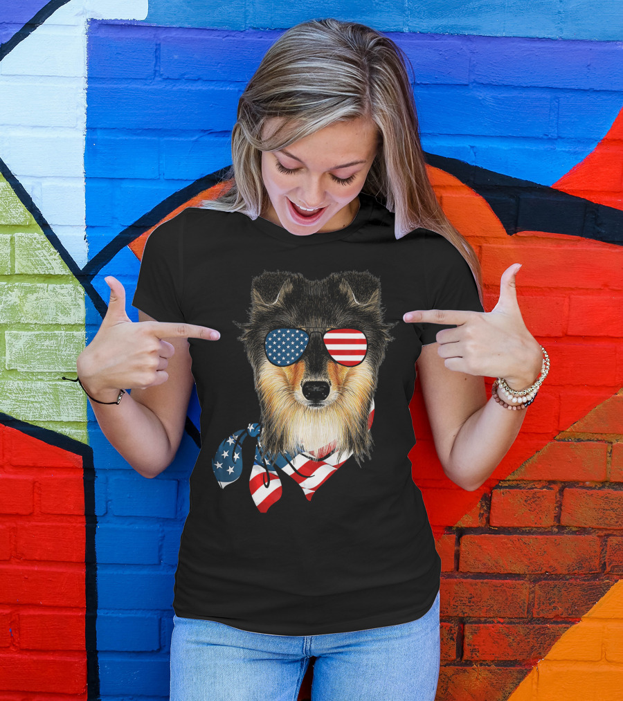 Sheltie Dog With American Flag Sunglasses And Bandana Patriotic T-Shirt