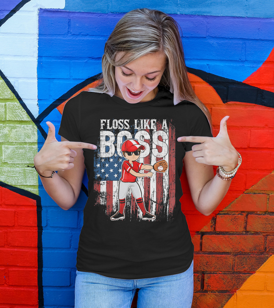 Floss Like A Boss American Baseball Spirit With Flag Background T-Shirt