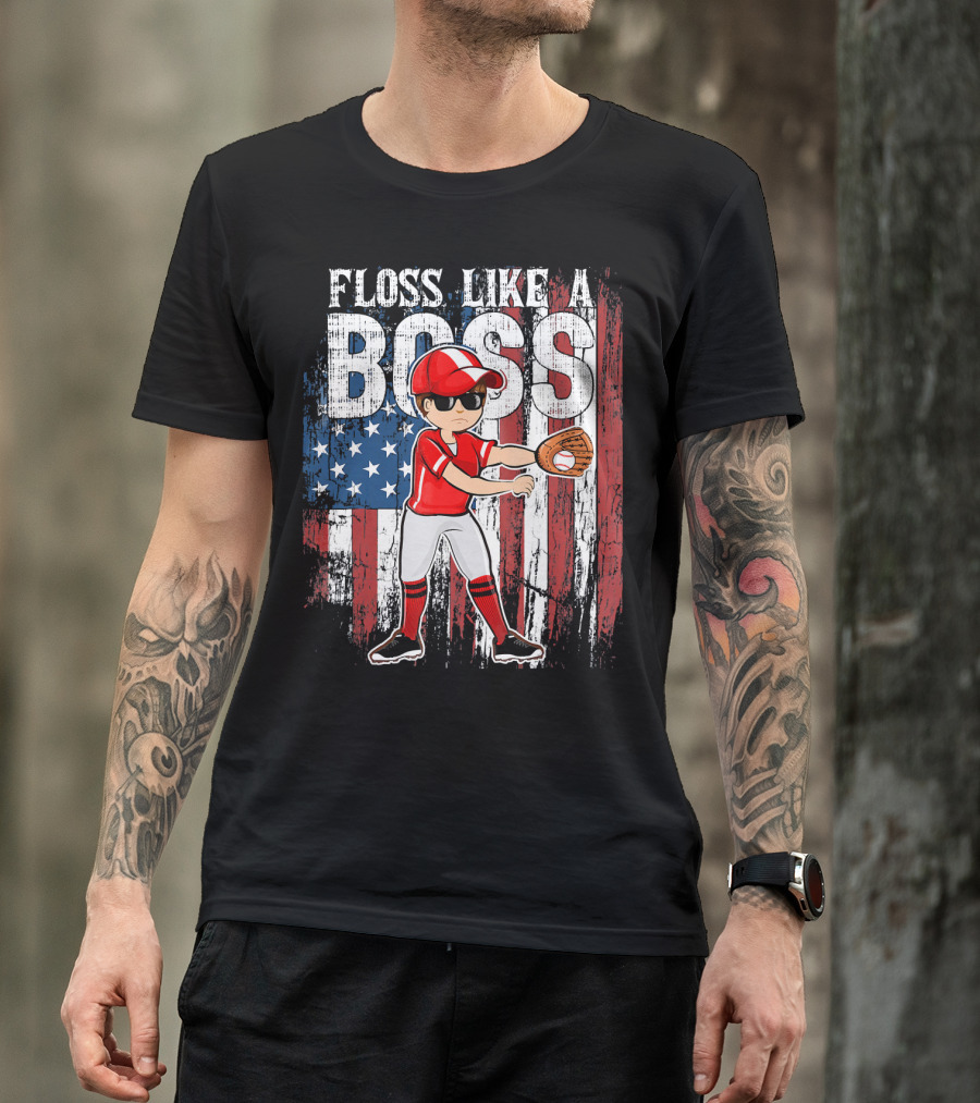 Floss Like A Boss American Baseball Spirit With Flag Background T-Shirt