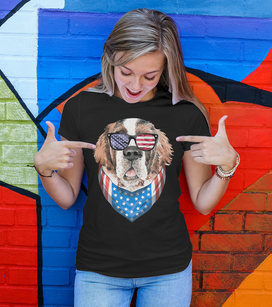 Fourth Of July American Flag Dog Sunglasses Bandana T-Shirt