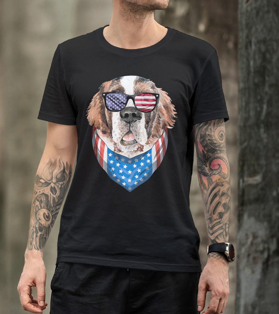 Fourth Of July American Flag Dog Sunglasses Bandana T-Shirt