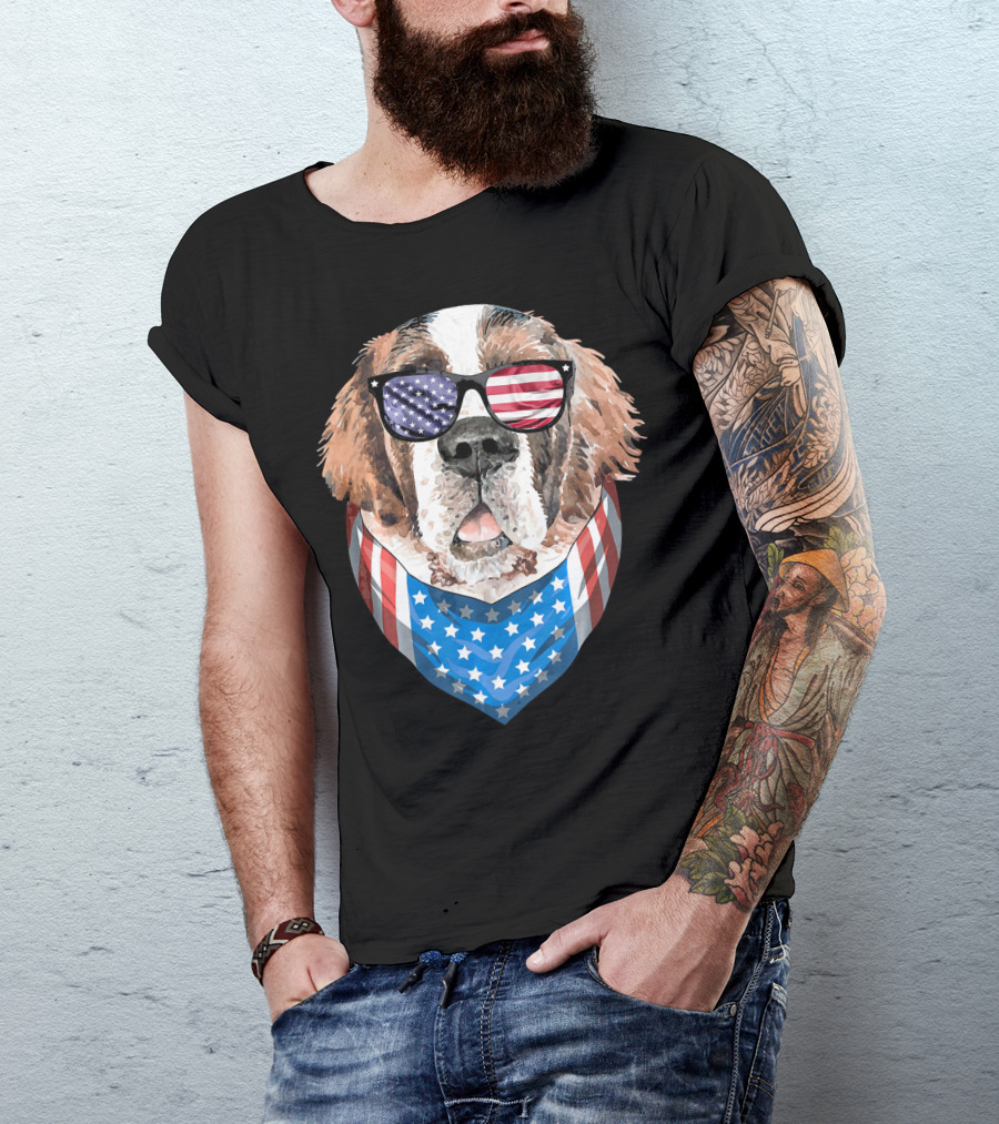 Fourth Of July American Flag Dog Sunglasses Bandana T-Shirt
