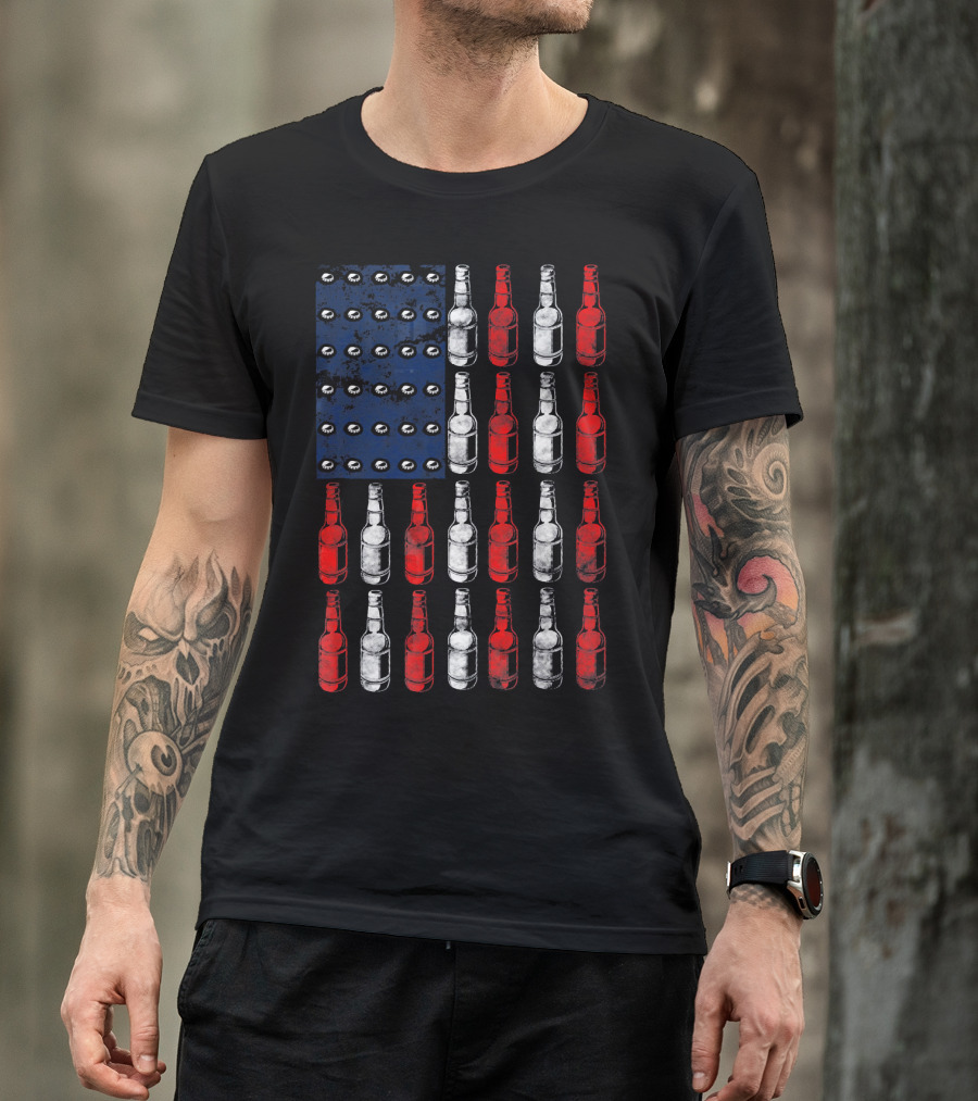 Patriotic American Flag Made Of Beer Bottles In Red White Blue T-Shirt