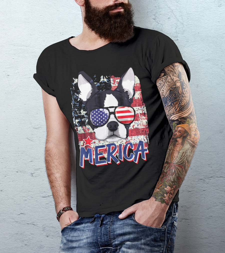 Merica Boston Terrier American Flag Sunglasses T-Shirt