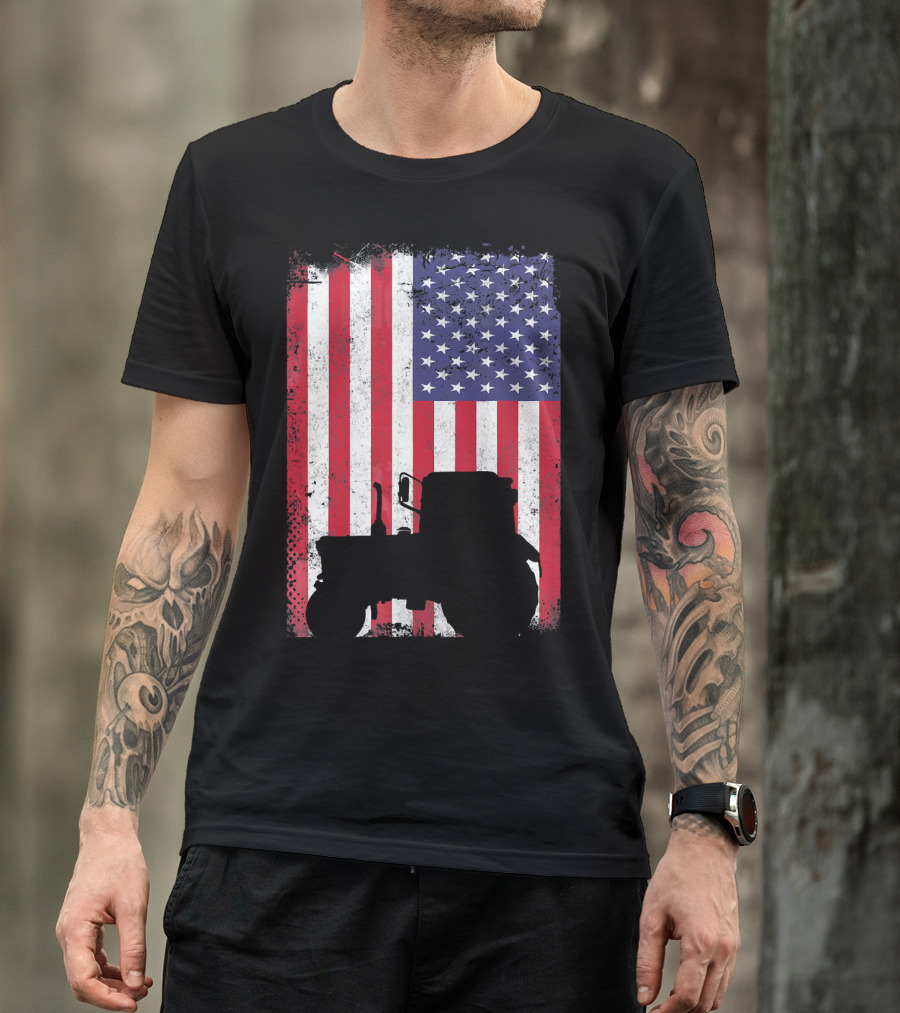 Tractor Silhouette Against Distressed American Flag Patriotic T-Shirt