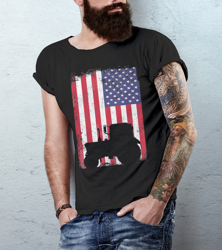Tractor Silhouette Against Distressed American Flag Patriotic T-Shirt