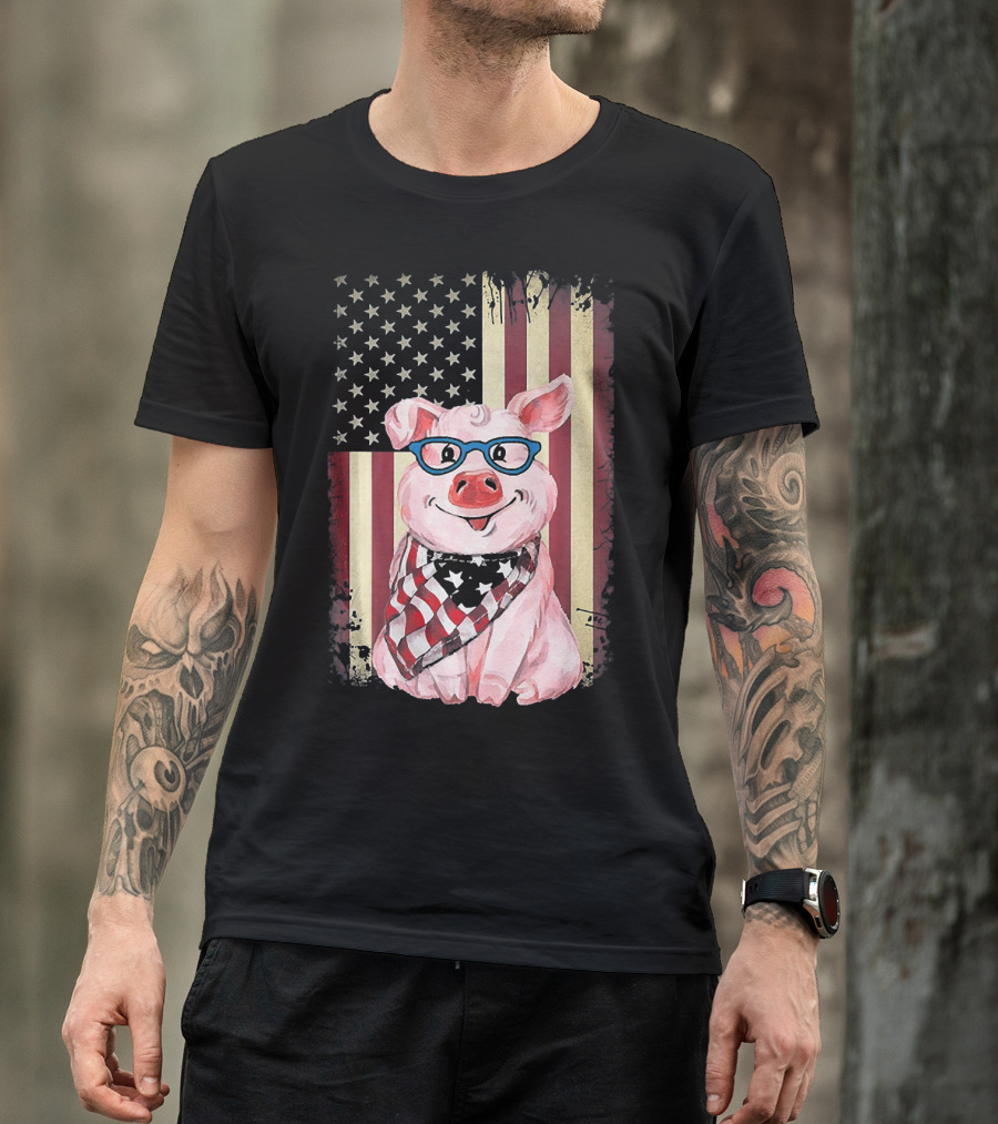American Flag Pig With Glasses And Bandana T-Shirt