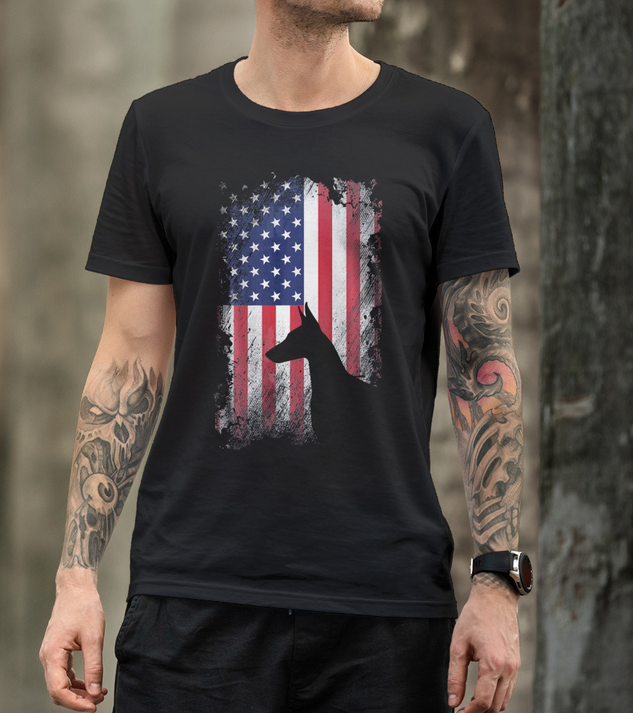 Doberman Pinscher Silhouette With American Flag Background T-Shirt