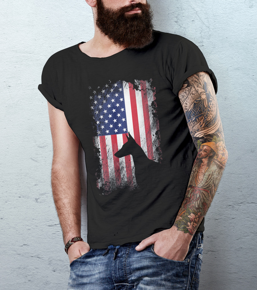 Doberman Pinscher Silhouette With American Flag Background T-Shirt