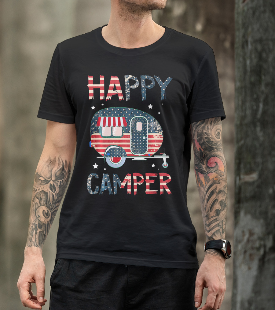 Happy Camper Stars And Stripes American Flag Patriotic T-Shirt