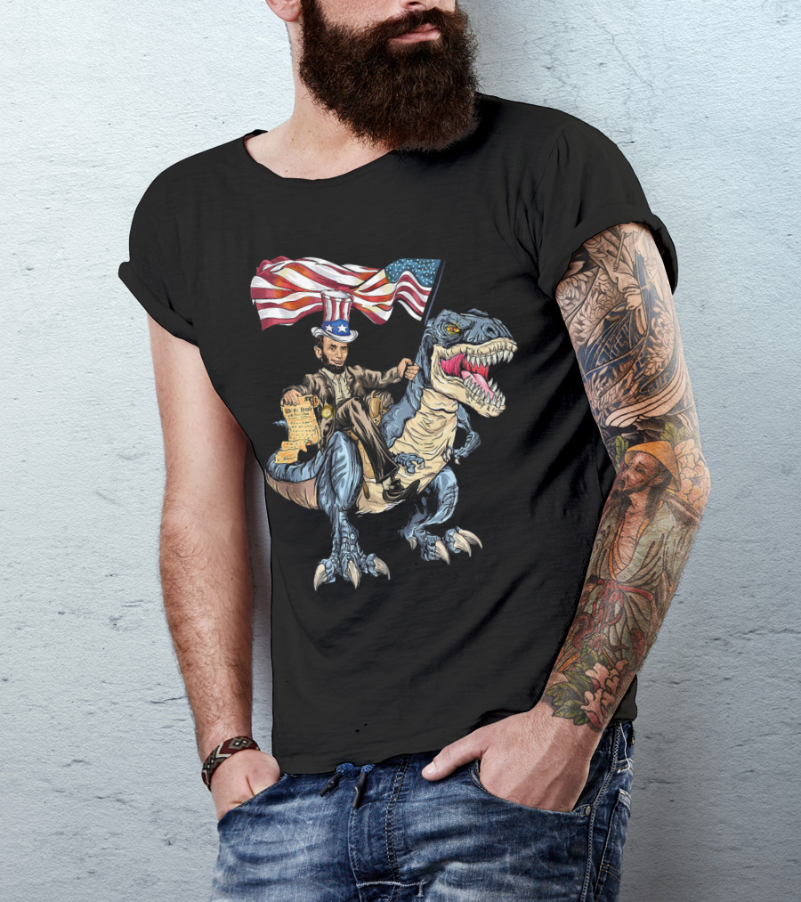 Abe Lincoln Riding Dinosaur With American Flag And Declaration T-Shirt