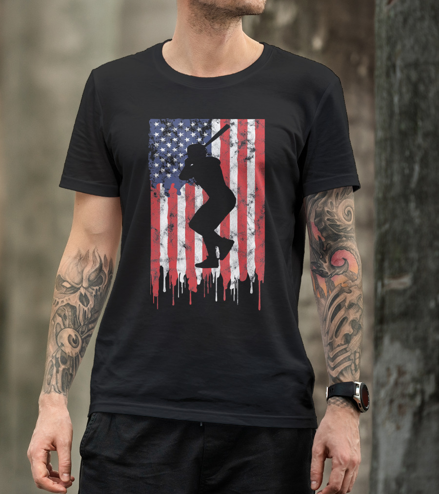 Vintage Baseball Batter Silhouette On Dripping American Flag Background T-Shirt
