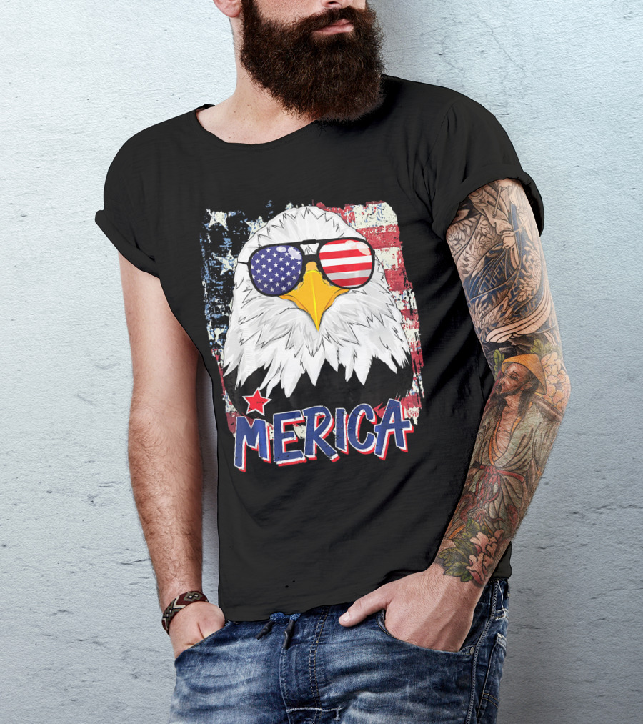 Bald Eagle With American Flag Sunglasses Merica T-Shirt