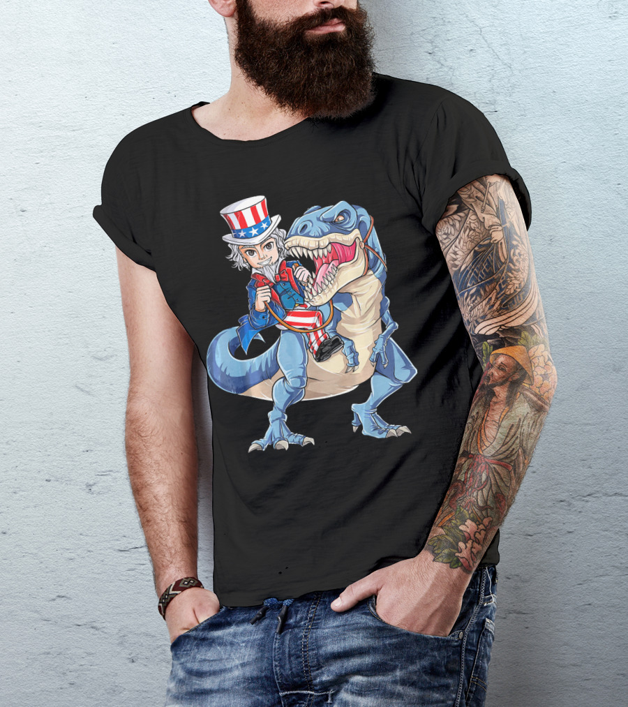 Uncle Sam Riding Dinosaur 4th Of July USA Patriotic T-Shirt