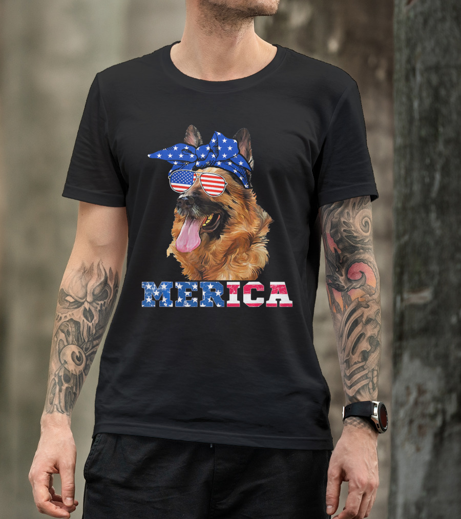Merica German Shepherd Bandana Sunglasses American Flag T-Shirt