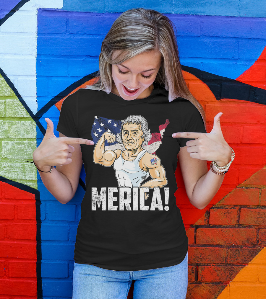 Thomas Jefferson Flexing Muscles Merica USA Flag T-Shirt