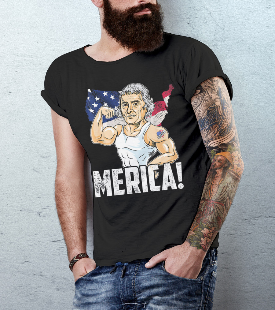 Thomas Jefferson Flexing Muscles Merica USA Flag T-Shirt