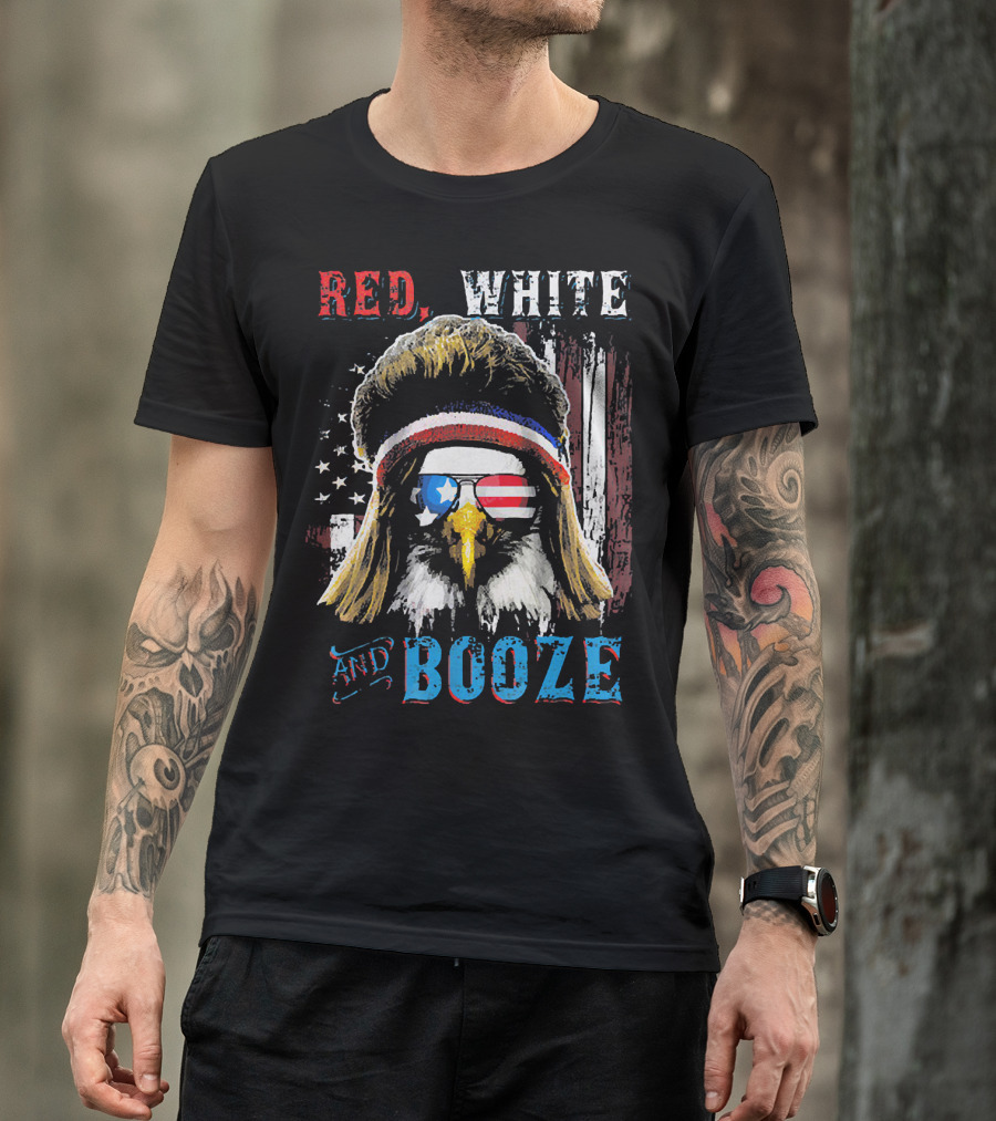 Red White And Booze America Flag Eagle With Sunglasses And Headband T-Shirt