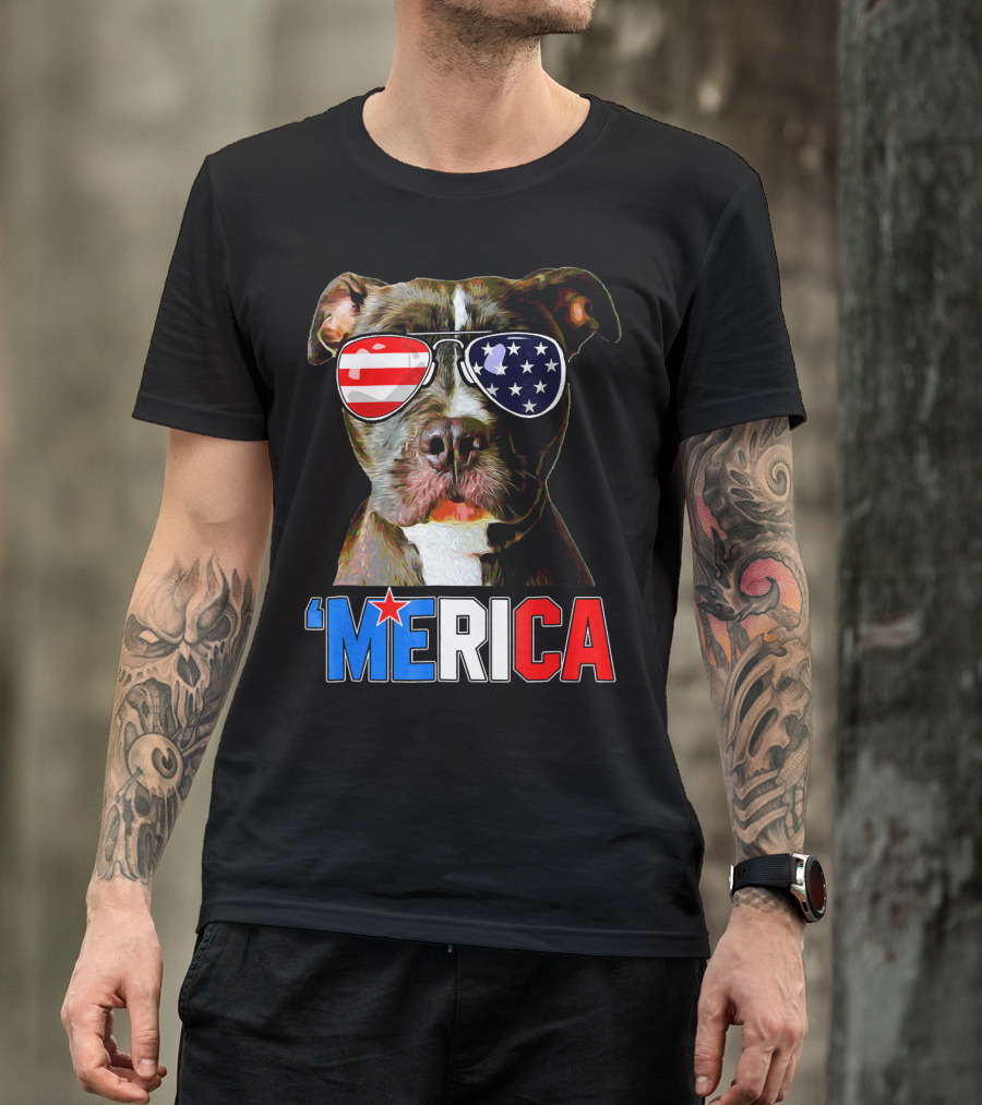 Pitbull 'Merica Memorial Day Patriotic USA Sunglasses T-Shirt