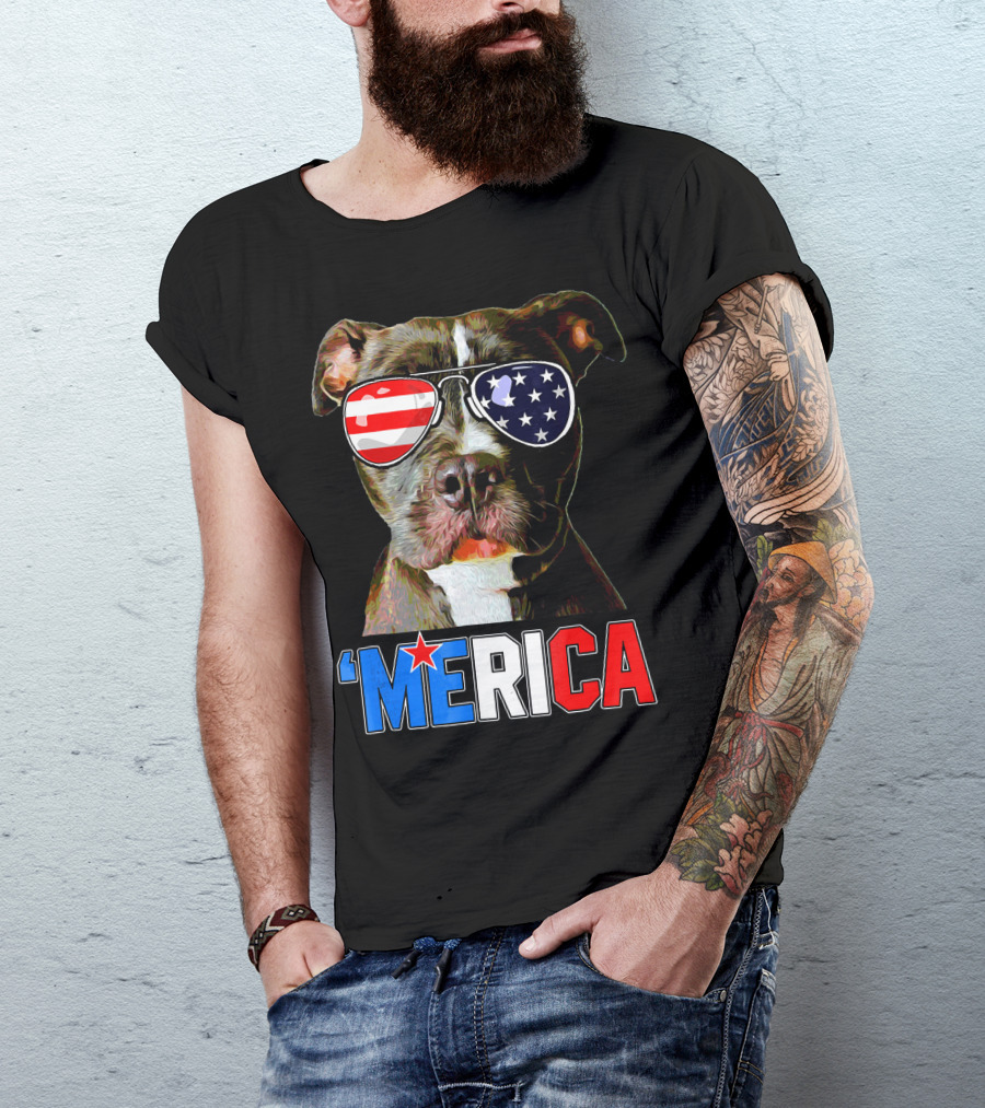 Pitbull 'Merica Memorial Day Patriotic USA Sunglasses T-Shirt