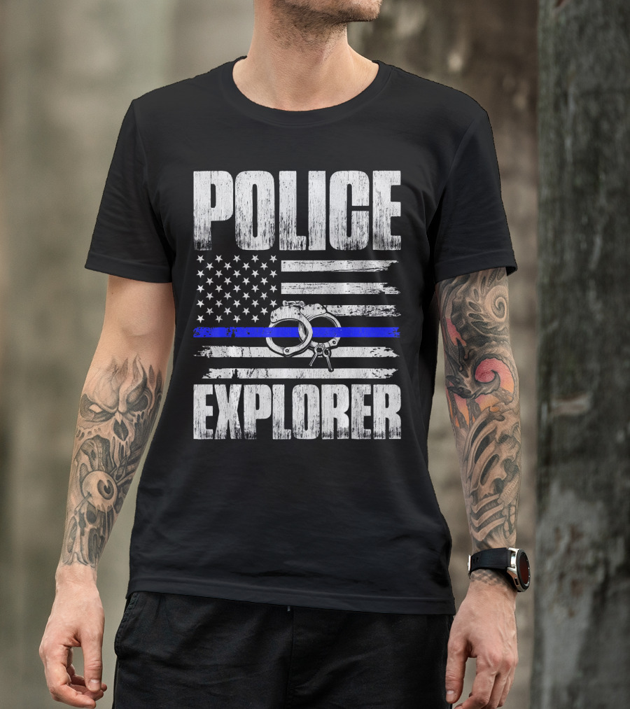Police Explorer American Flag Handcuffs Thin Blue Line T-Shirt