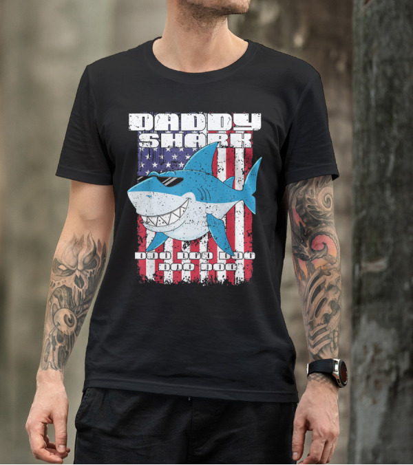 Daddy Shark Doo Doo Doo American Flag T-Shirt