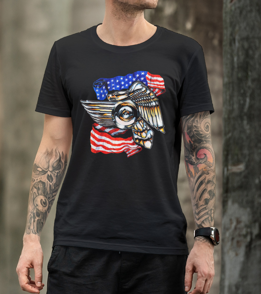American Motorcycle Biker Eagle Emblem With Flag Wings T-Shirt