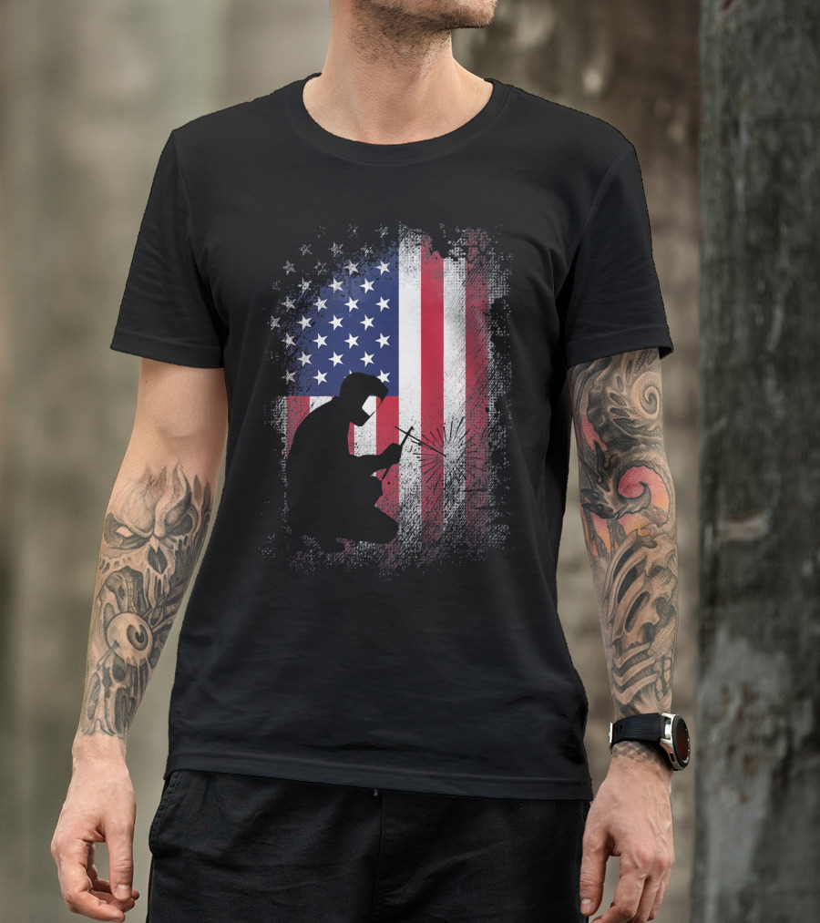 Welder Silhouette With American Flag USA Patriotic T-Shirt