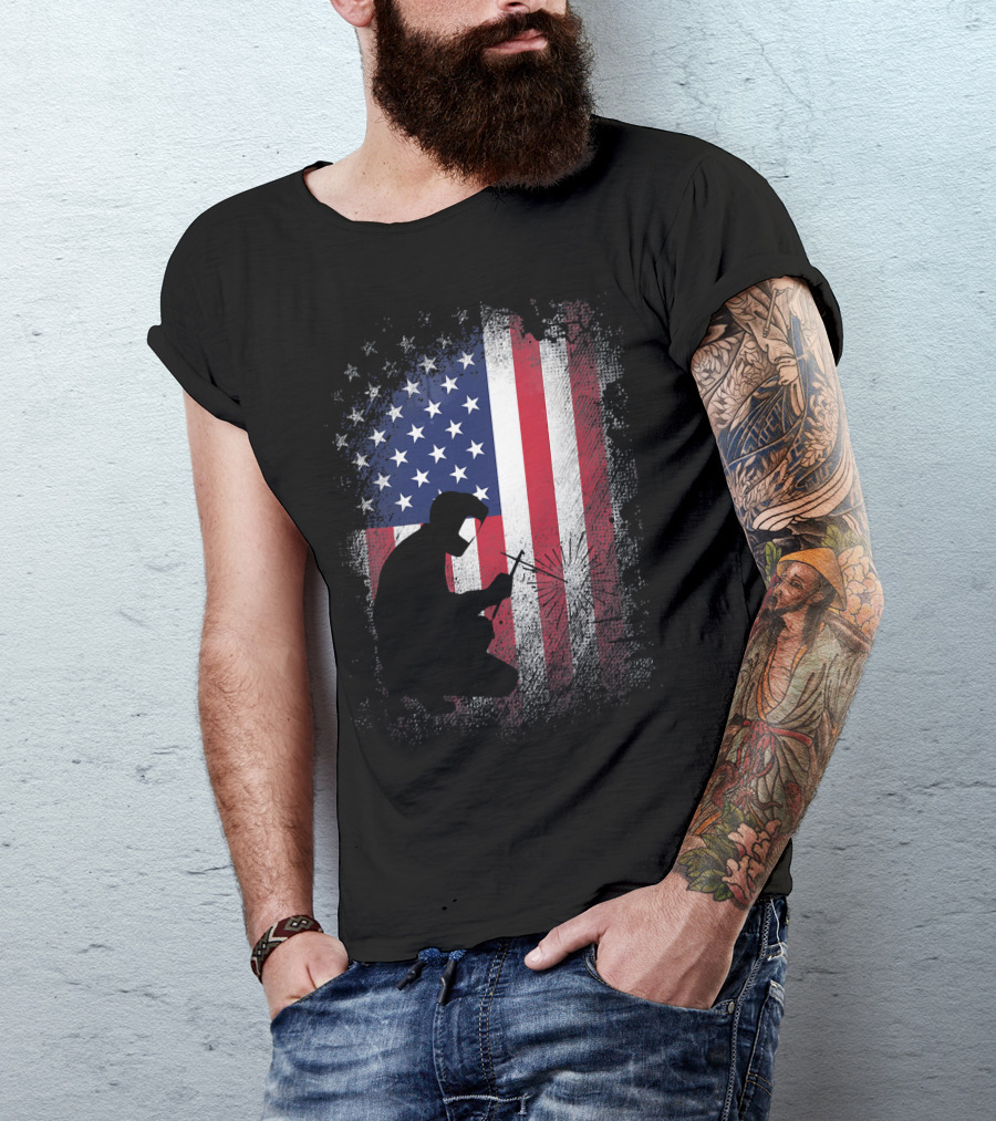Welder Silhouette With American Flag USA Patriotic T-Shirt