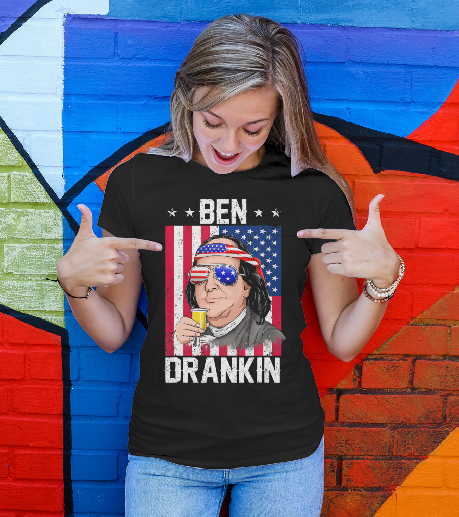 Ben Drankin American Flag Shades And Stars With Beer T-Shirt