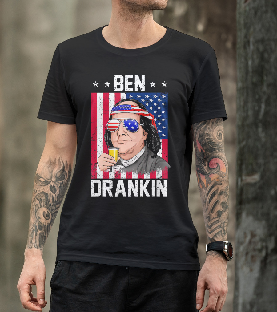 Ben Drankin American Flag Shades And Stars With Beer T-Shirt