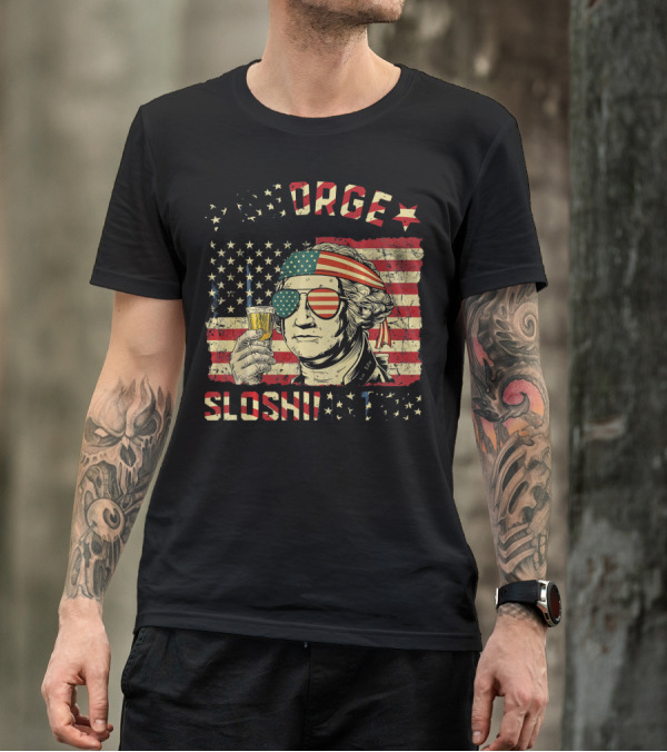 George Sloshington American Flag Aviator With Beer And Headband T-Shirt