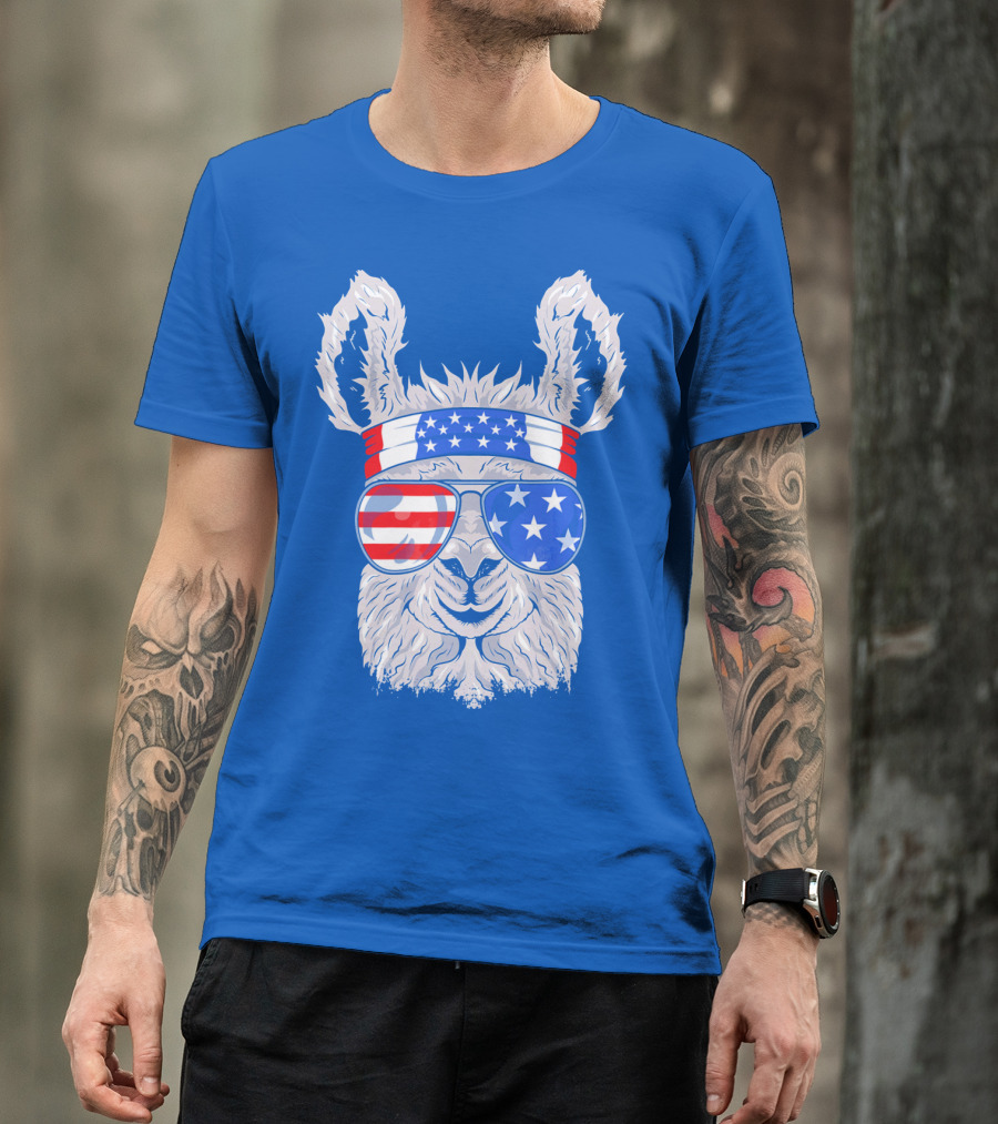Patriotic Llama With American Flag Sunglasses And Headband For USA Independence Day T-Shirt