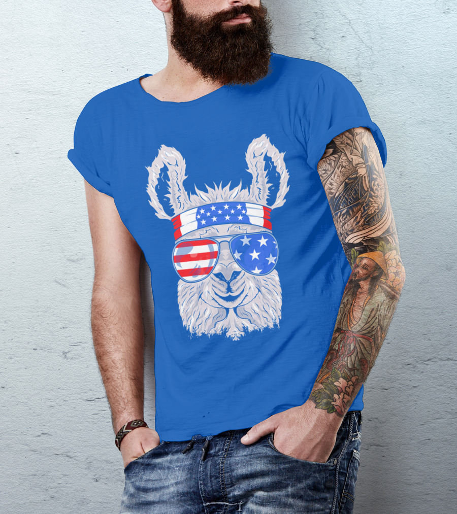 Patriotic Llama With American Flag Sunglasses And Headband For USA Independence Day T-Shirt
