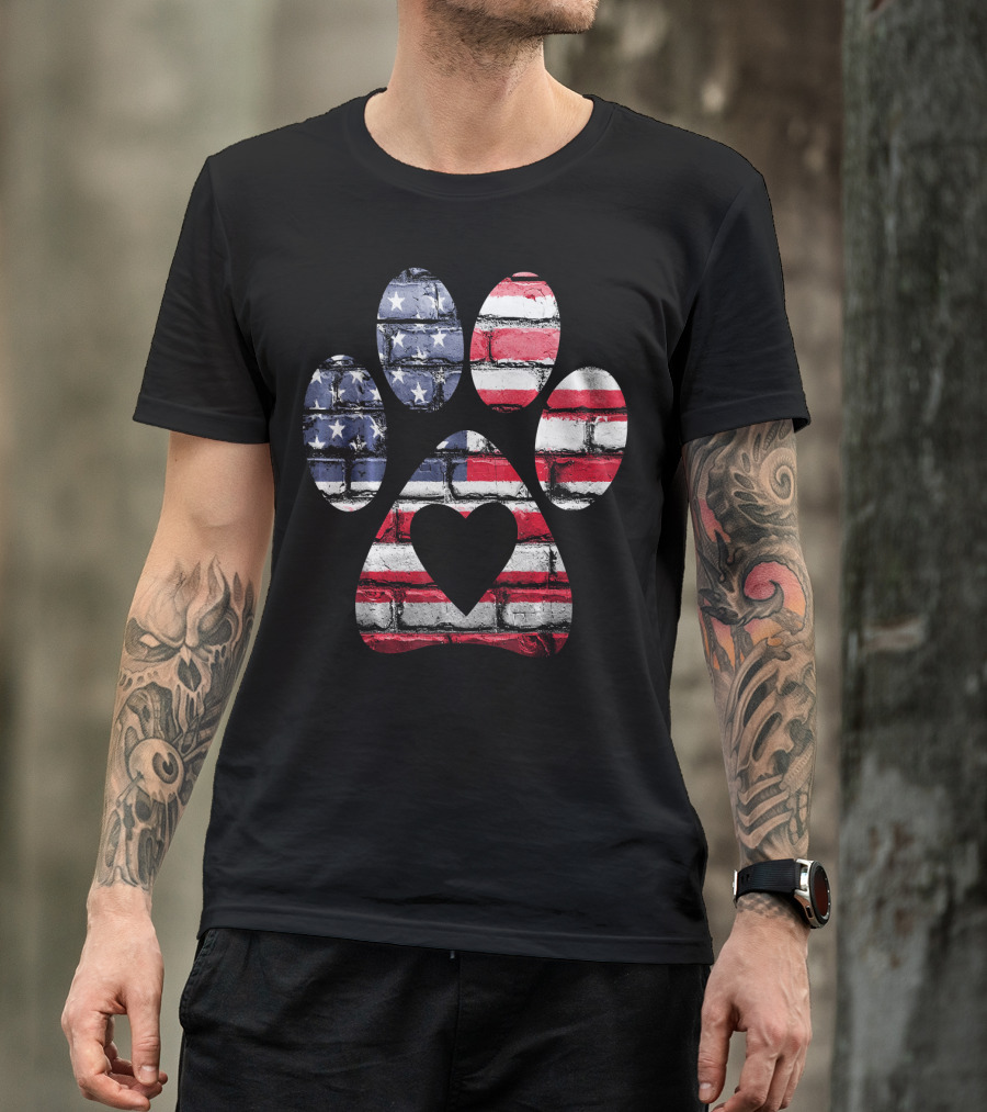 Patriotic Dog Paw With American Flag Heart T-Shirt