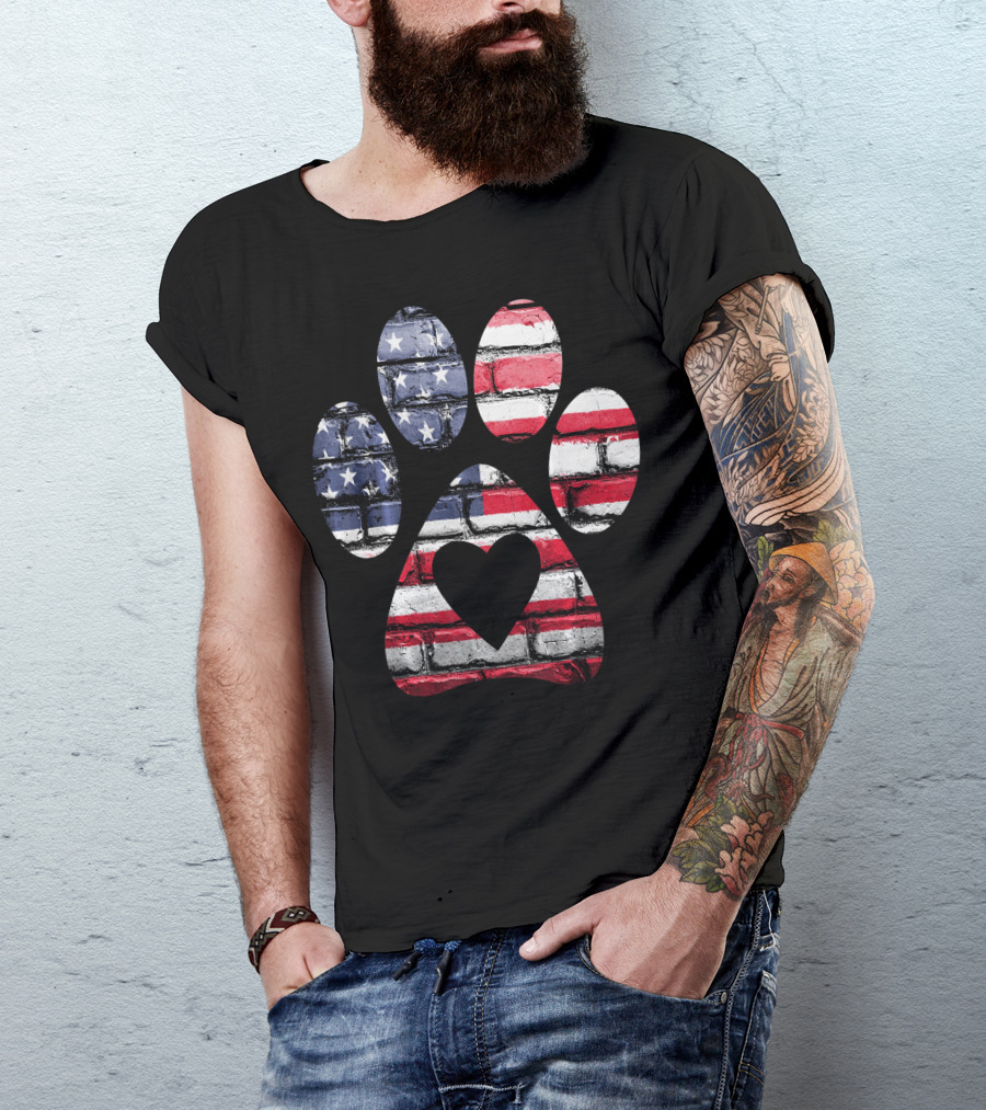 Patriotic Dog Paw With American Flag Heart T-Shirt