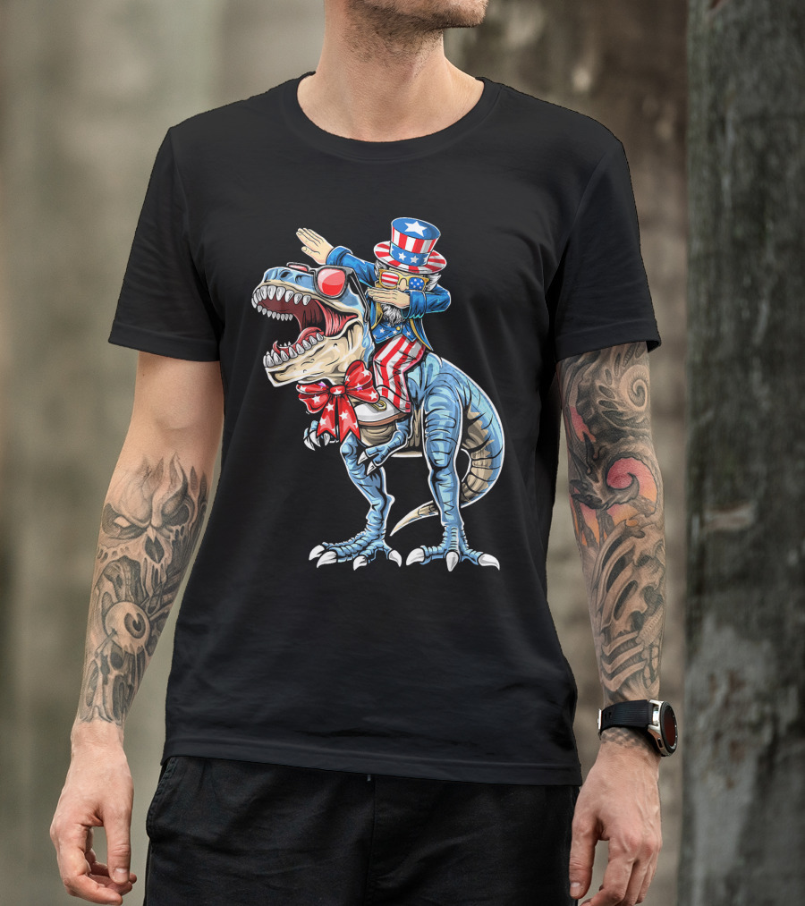 Dabbing Uncle Sam On Dinosaur With Patriotic Stars And Stripes Hat And Sunglasses T-Shirt